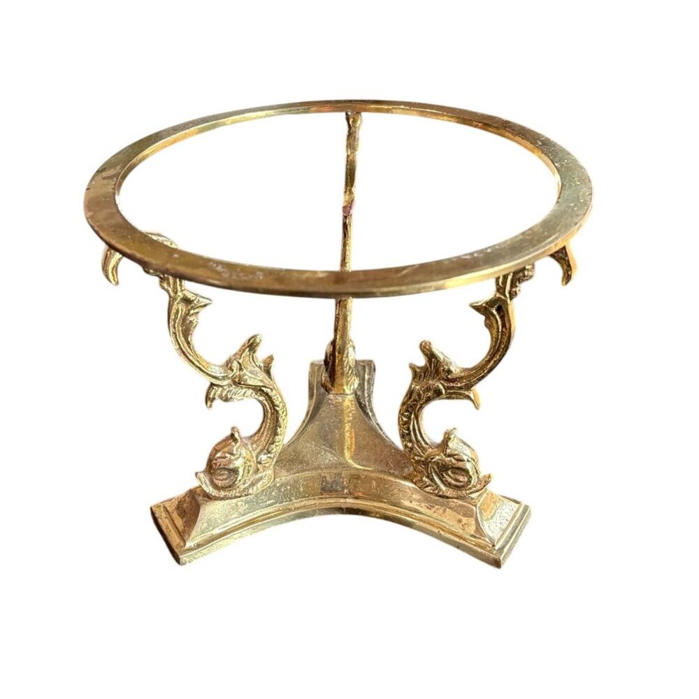 Vintage Brass Tripod Display Stand Dolphin Fish Swirl Details- 6" tall some wear